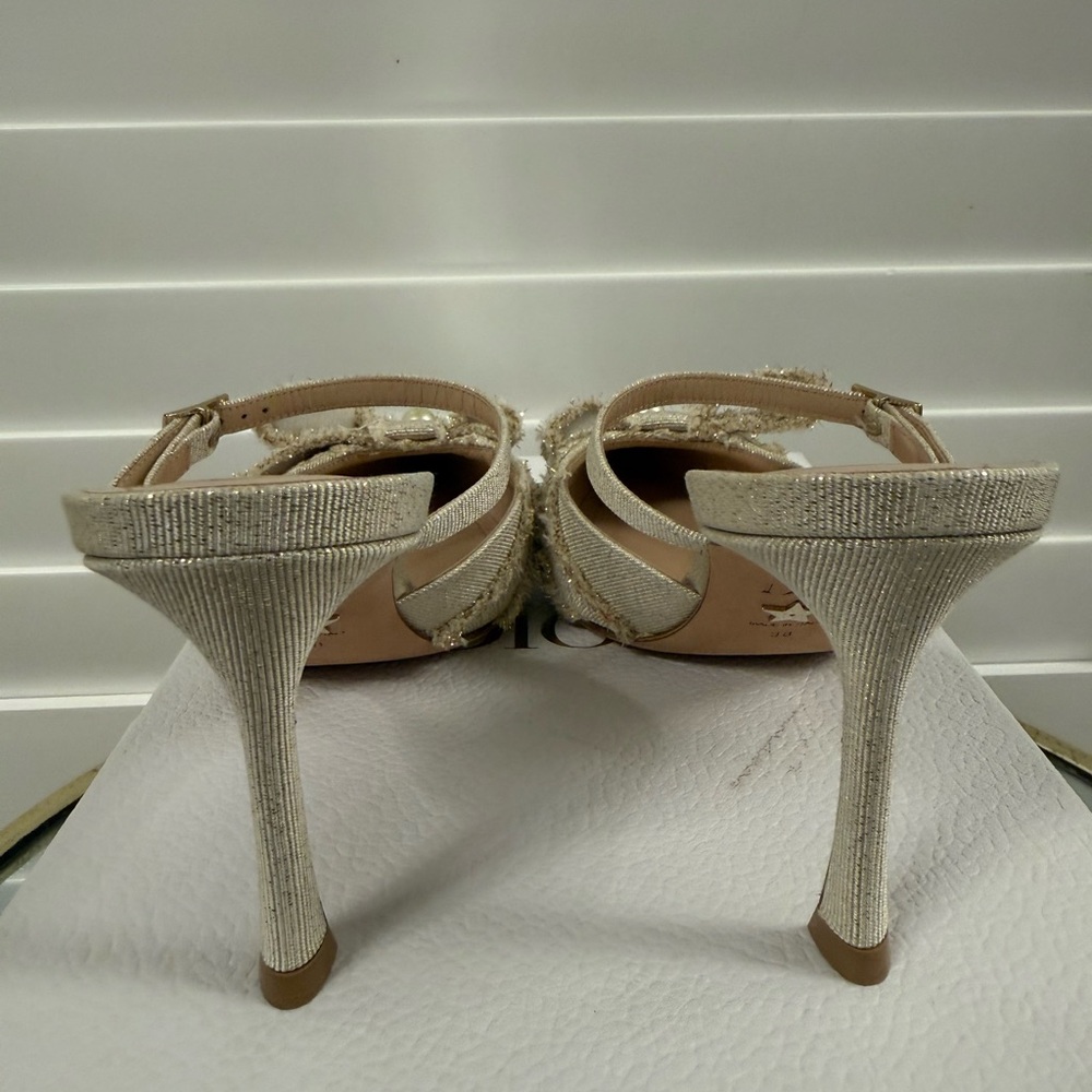CHRISTIAN DIOR Laminated Grosgrain Pearl Fringe Adiorable Mule 38 Shiny Gold - Picture 8 of 12